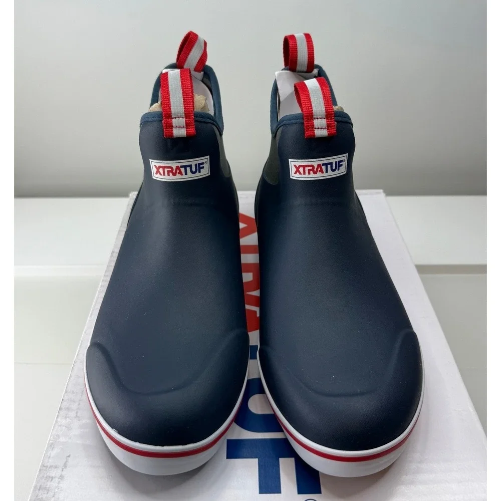 XTRATUF Mens Ankle Deck Boot Navy Red Waterproof Fishing Shoes Size 9 NEW